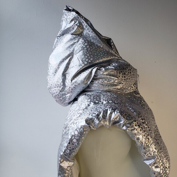 Silver Shine Holographic Crop Puffer Vest Rave Gem Y2K Style Zip + Side Strings - Picture 6 of 12